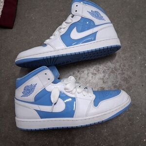 Nike Air Jordan High-Top Sneakers Patent Leather - White & Baby Blue Mens Sz 14